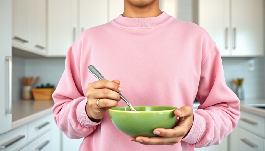 Person in pink sweatshirt holds green bowl in modern kitchen.
