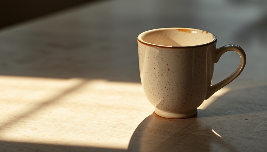 Speckled ceramic cup of jasmine green tea on fabric, floral shadow.