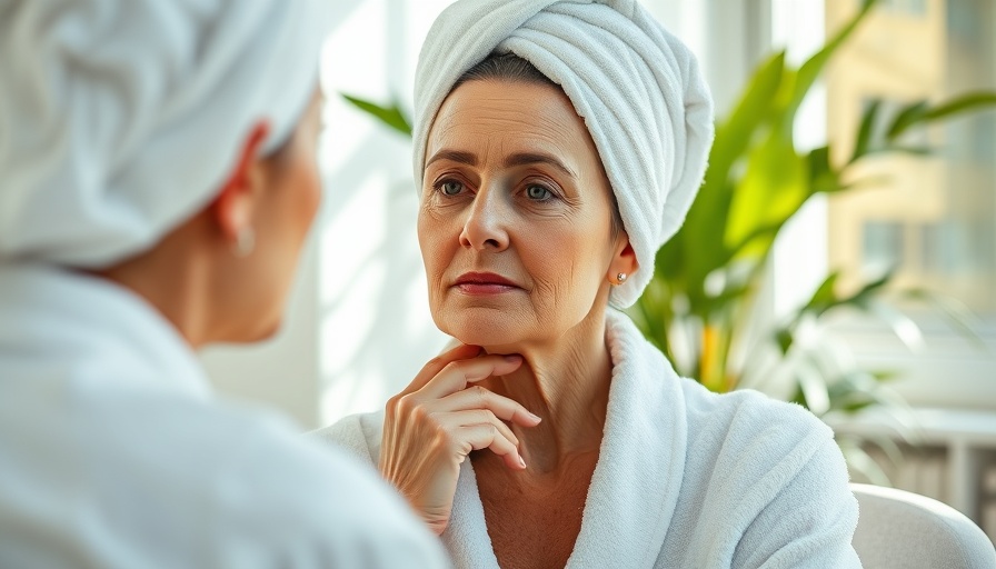 Middle-aged woman considering crepey skin treatments in bright room.