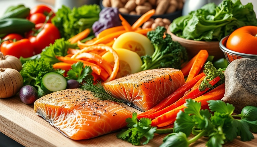 Atlantic Diet ingredients with salmon and avocado on kitchen counter.