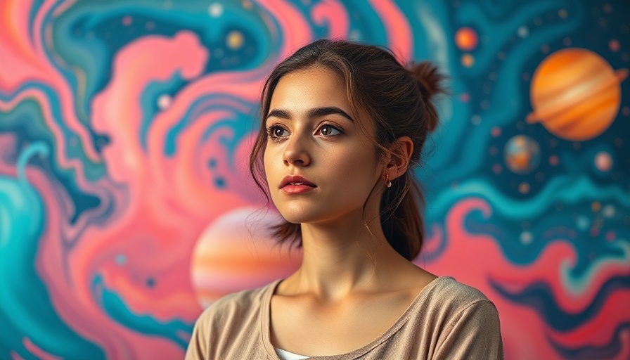 Mars in Libra relationships visual with a thoughtful woman against a cosmic backdrop.
