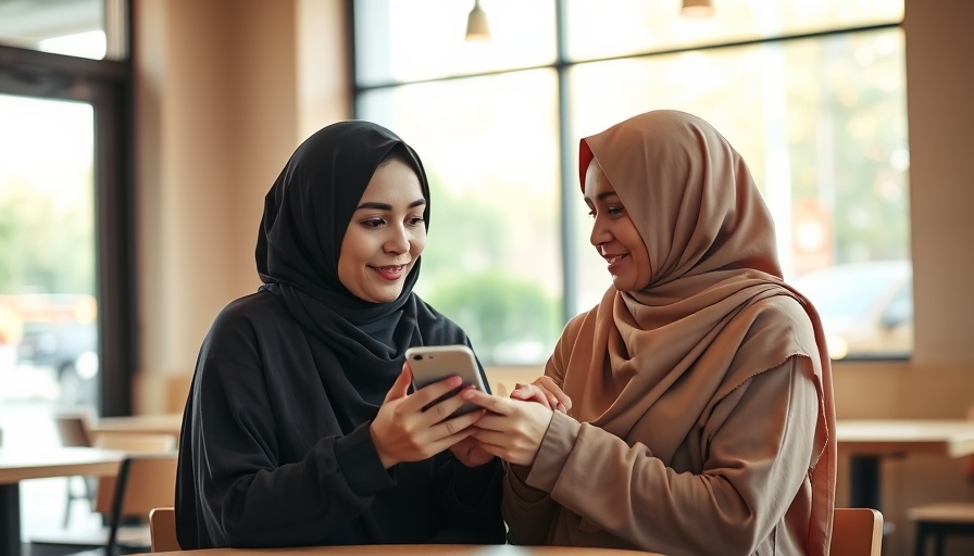 Women in hijabs sharing secrets with a smartphone in a cafe.