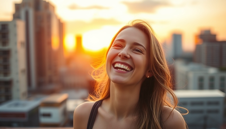 Woman smiling joyfully with sunset, Vitamin C hormone balance