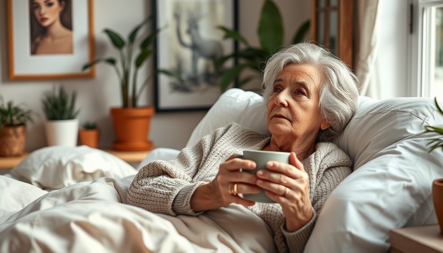 Relaxed older woman holding mug in cozy bedroom, plants and art, Reduce Your Risk of Developing IBD.