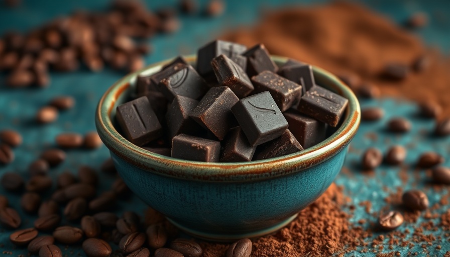 Dark chocolate chunks in a bowl with cocoa beans, related to diabetes prevention.