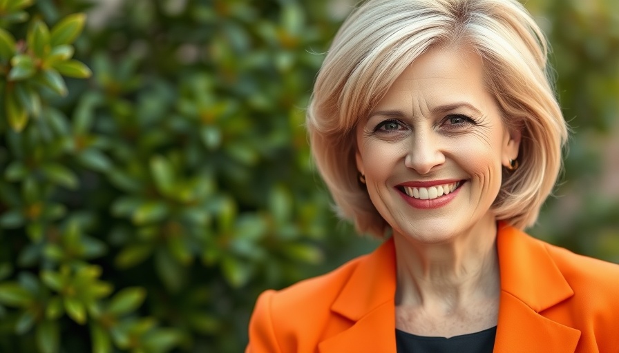 Smiling woman in orange blazer against green foliage.