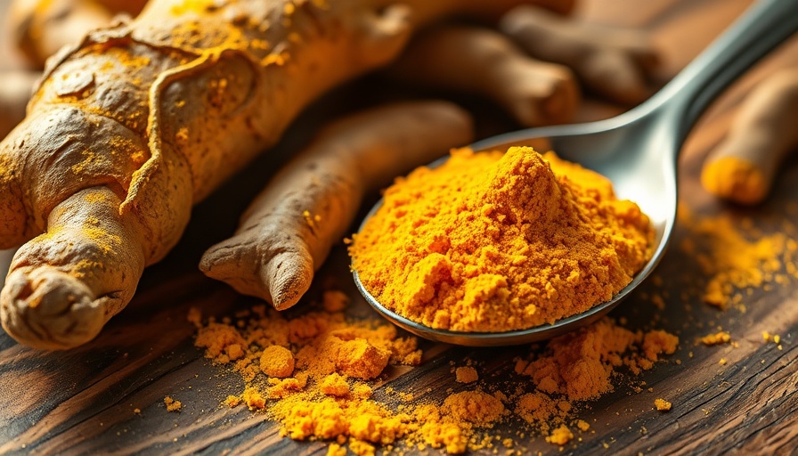 Vibrant yellow turmeric powder on a spoon with roots.