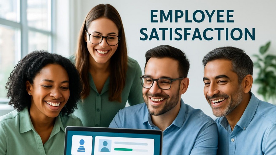 Diverse professionals rejoicing at a digital dashboard, highlighting employee retention strategies.