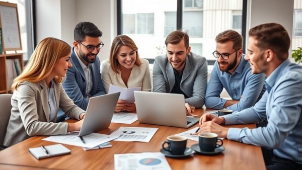 AI in Employee Recognition: Professionals collaborate using technology in office.