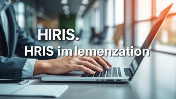 Enterprise HRIS implementation text with person using laptop.