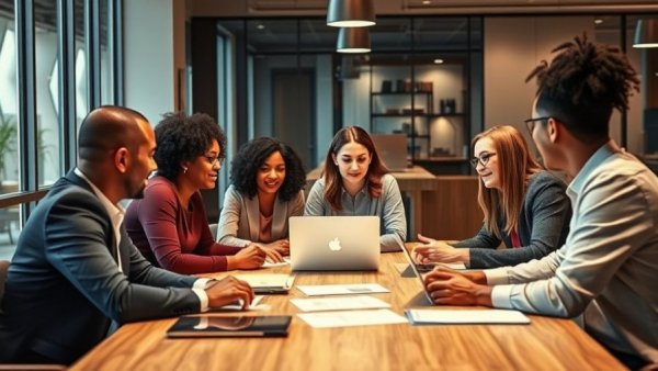 Workplace culture depicted by diverse team working in modern office.