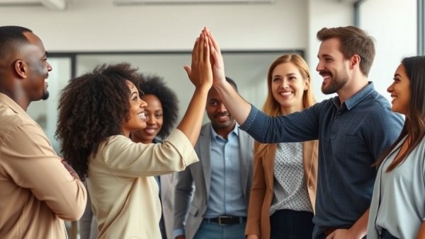 Diverse employees high-fiving, boosting employee connection strategies.