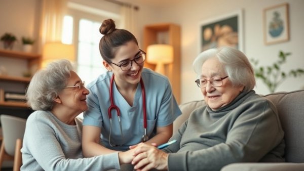 Home health onboarding strategies depiction, young caregiver assisting elder at home.