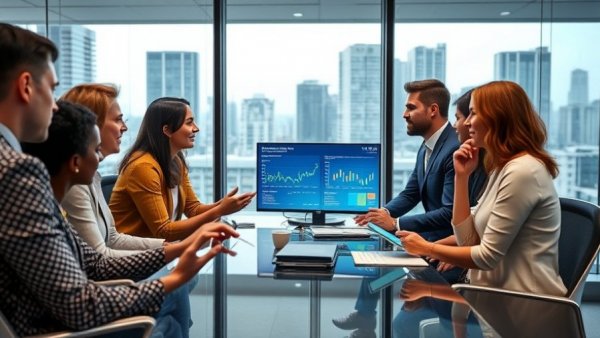 Modern office interview scene with technology displays.