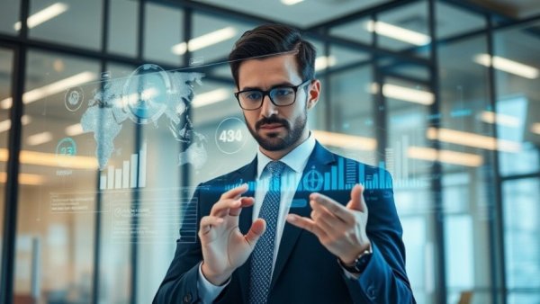 Futuristic AI interface in recruitment office, vibrant holographics, AI policies in recruitment.