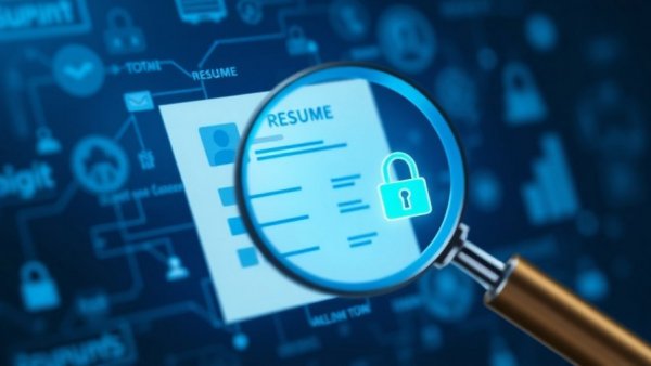 Hiring fraud prevention concept with magnifying glass scanning resumes.