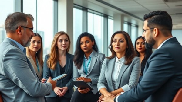 Diverse professionals in effective interview training session in modern office.