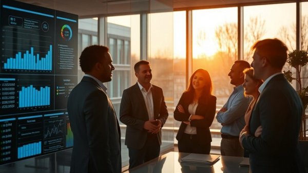 Corporate team analyzing AI-powered HR metrics with digital charts.