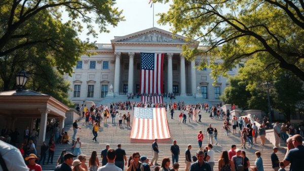 FMLA travel time concept with government building and crowd.