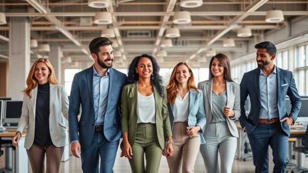 Professionals discussing workplace equity strategies in an open office.