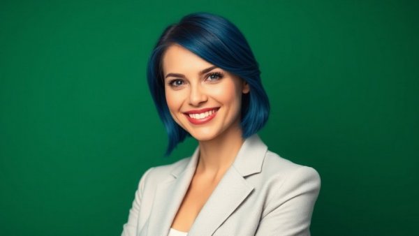 Confident woman with blue hair discussing ethical AI hiring decisions.