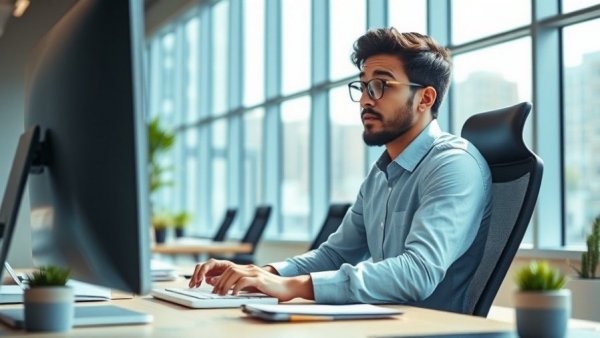 AI in recruitment 2026: Modern office worker typing, relaxed in a bright office
