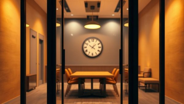 Modern meeting room with glass doors, highlighting office environment.