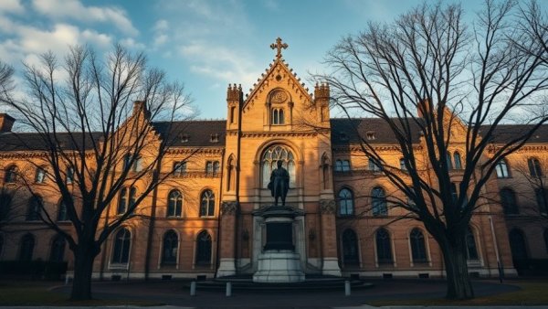 Historic university building with statue and bare trees.