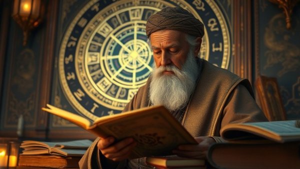 Elderly man reading ancient manuscript surrounded by astrology holograms in a mystical room, Astrotalk AI Astrology Platform.
