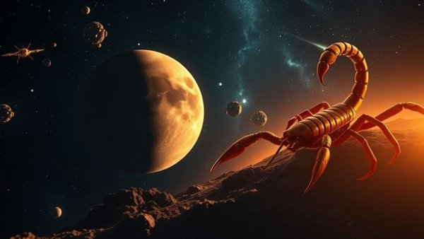 Mars in Scorpio concept art with a golden scorpion over Mars.