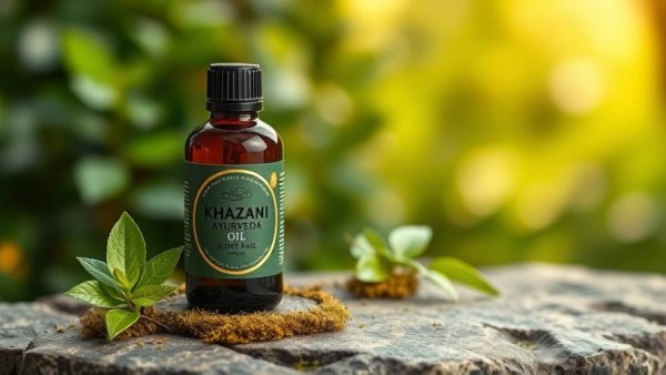 Khazani Ayurveda Joint Pain Oil with natural elements in a serene setting.