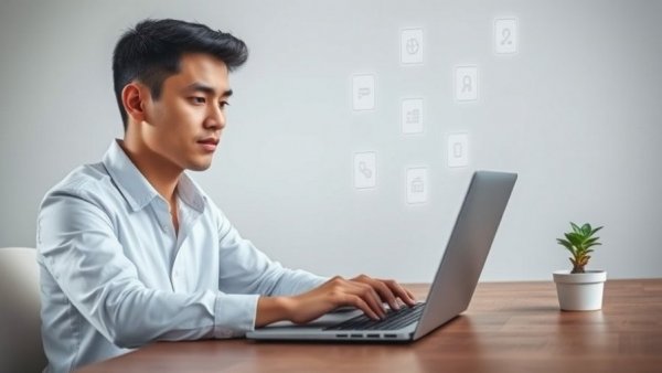 Hands typing on laptop with floating task icons, illustrating productivity in business.