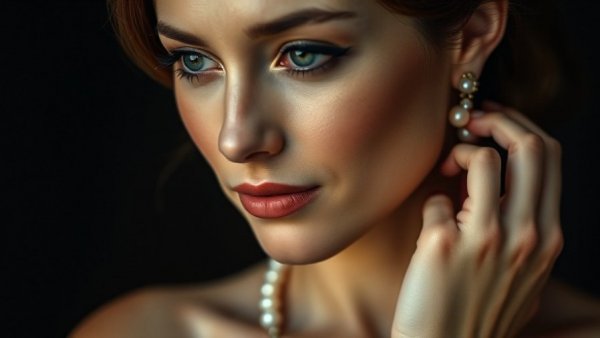 Elegant woman with pearl jewelry, thoughtful pose, artistic lighting.