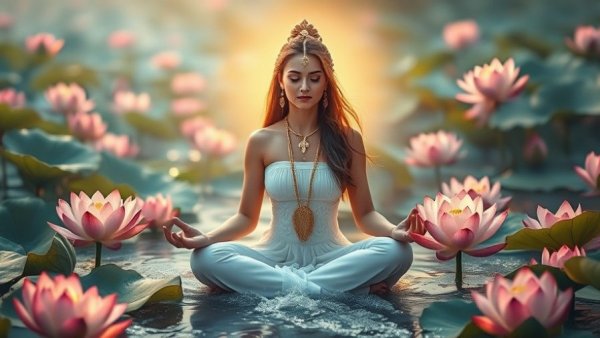 Divine spiritual woman meditating on lotus, vibrant and serene.