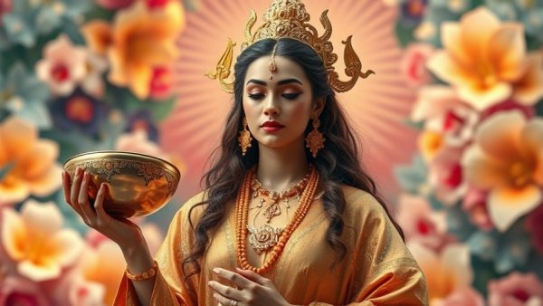 Divine goddess meditating amidst glowing bowls and floral aura.
