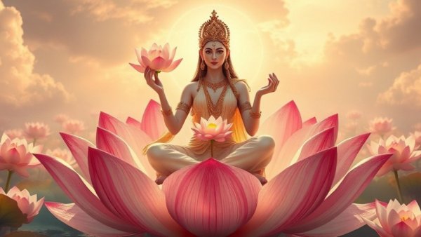 Divine goddess on lotus with lotus flowers, attracting wealth.