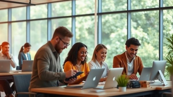 Diverse team in UK office collaborating, highlighting inclusion.