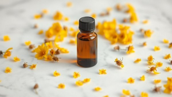 Rahu Remedies glass bottle with dried flowers on marble.