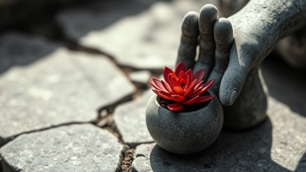 Saturn Remedies - Stone statue hand holding red succulent pot.