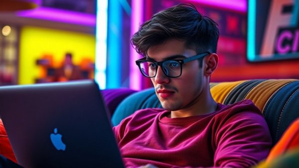 AI influence on personal communication visualized by a man with a laptop.