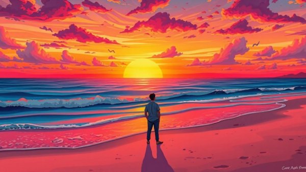 Contemplative figure at vibrant beach sunset amid catastrophic thinking.
