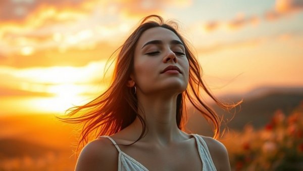 Serene woman meditating against a colorful landscape, symbolizing chronic stress management techniques.