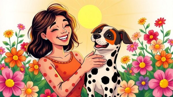 Joyful moment with woman and dog in a vibrant garden, micro-moments of joy.