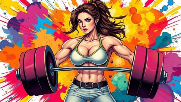 Illustrative woman lifting weights; strong, colorful empowerment theme.