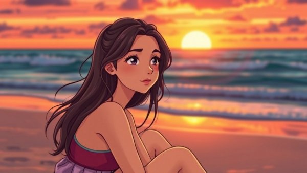 Sadness on Vacation: Woman reflecting by the ocean at sunset.