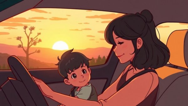 Not saying sorry growth: woman and child driving at sunset.