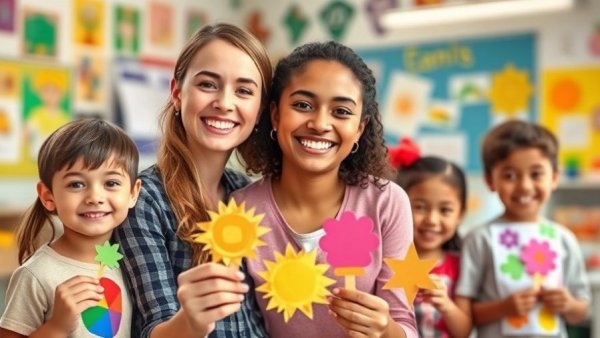 Onboarding adjunct faculty; teacher with children in classroom, colorful setting.
