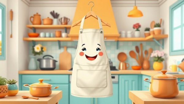 Cartoon kitchen apron with a smile hanging, vibrant setting.