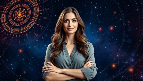 Confident woman discussing Medical Astrology and Chronic Illness with cosmic background.