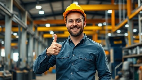 Manufacturing onboarding software guide with smiling worker